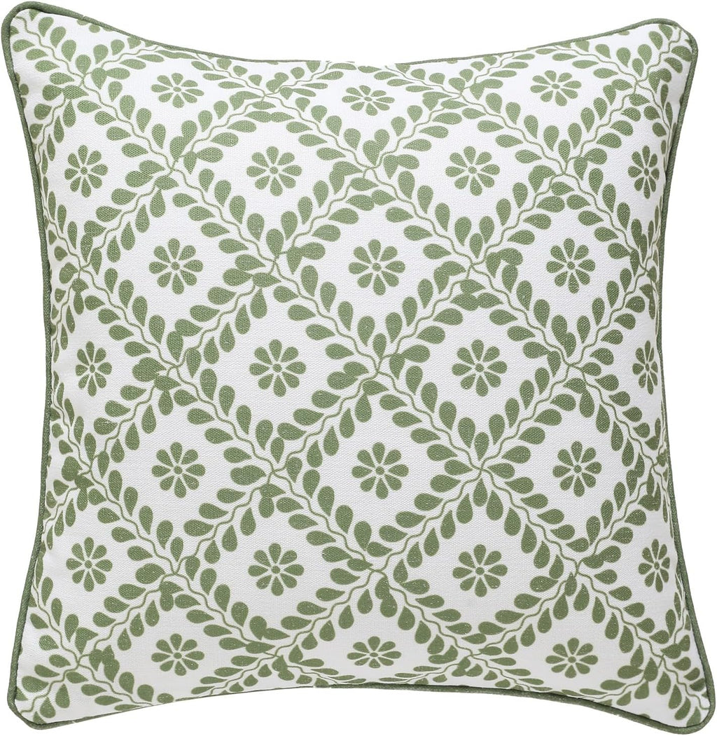 ISAENNE Design Fresh Linen Square Throw Pillow Covers 18"x18", French White Cottage Cushion Covers with Green Branches Pattern Decoration Pillowcases for Bed,Living Room,Outdoor,Car