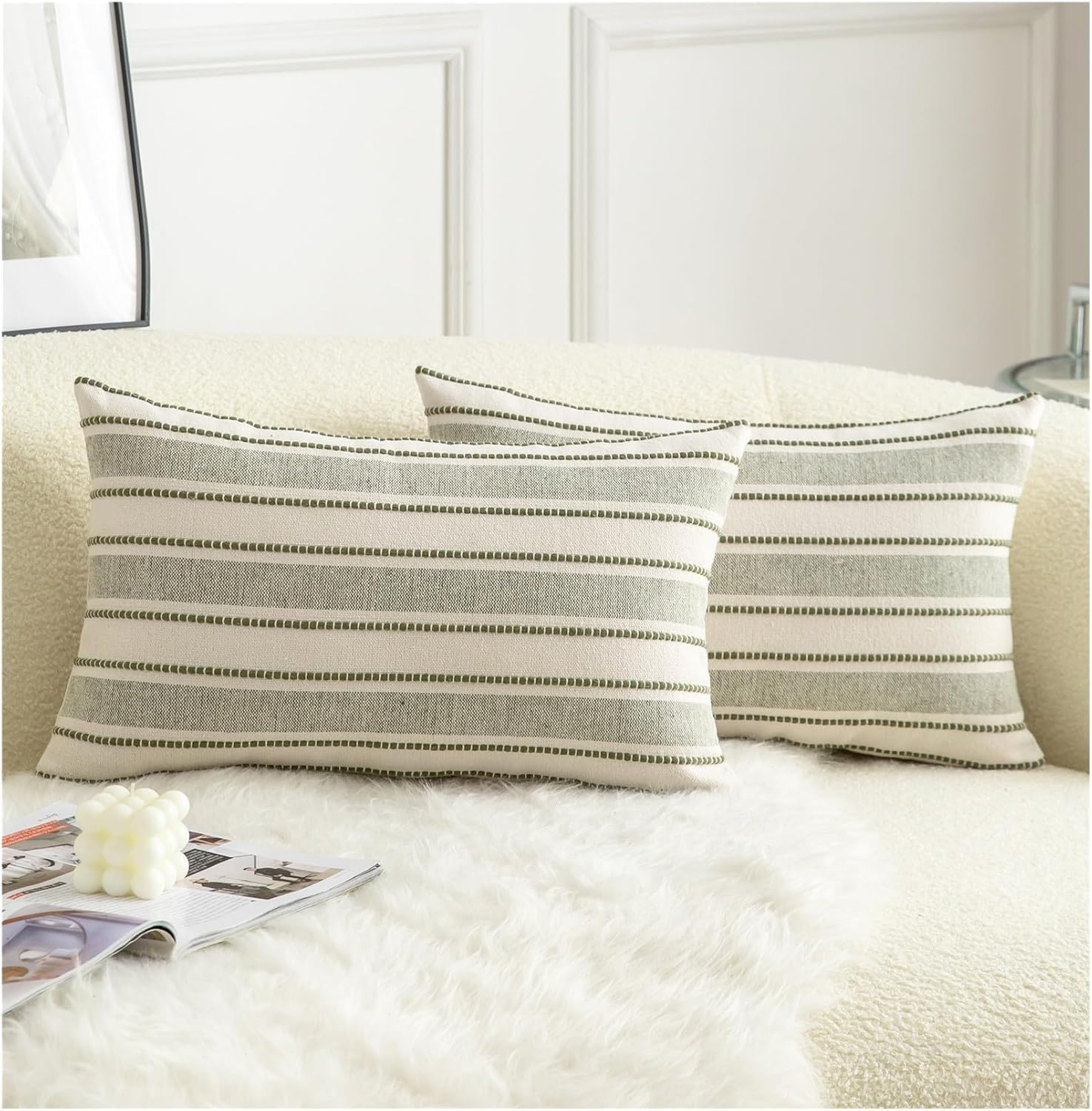 Decorative Boho Lumbar Throw Pillow Covers, Farmhouse Textured Pillow Case, 12 x 20 Inch Set of 2, Chair Sofa Bedroom Living Room Home Decor Couch Cushion Case, Olive Green and Beige