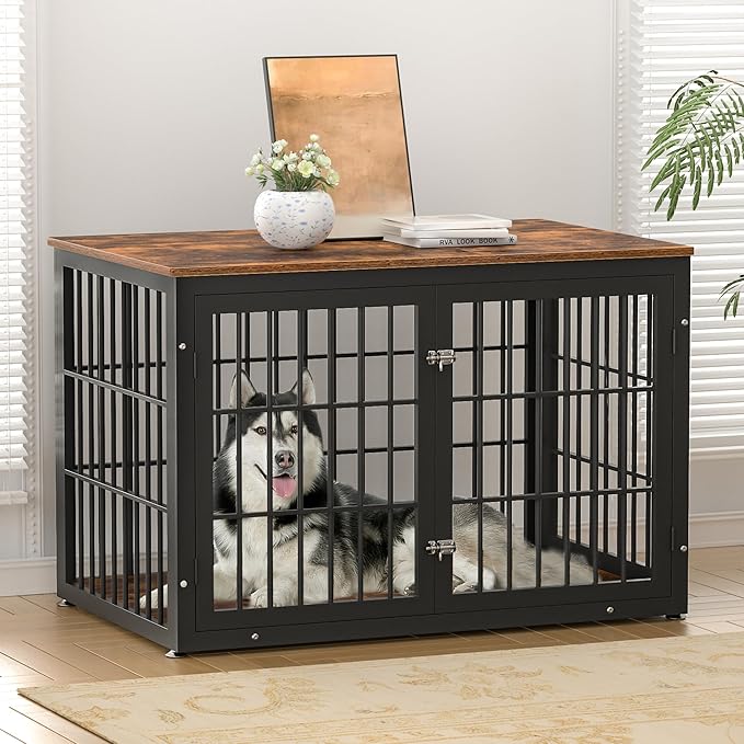 48 Inch Rustic Heavy Duty Dog Crate Furniture for Extra Large Dogs, Decorative Pet House End Table, Wooden Cage Kennel Furniture Indoor, Black and Brown