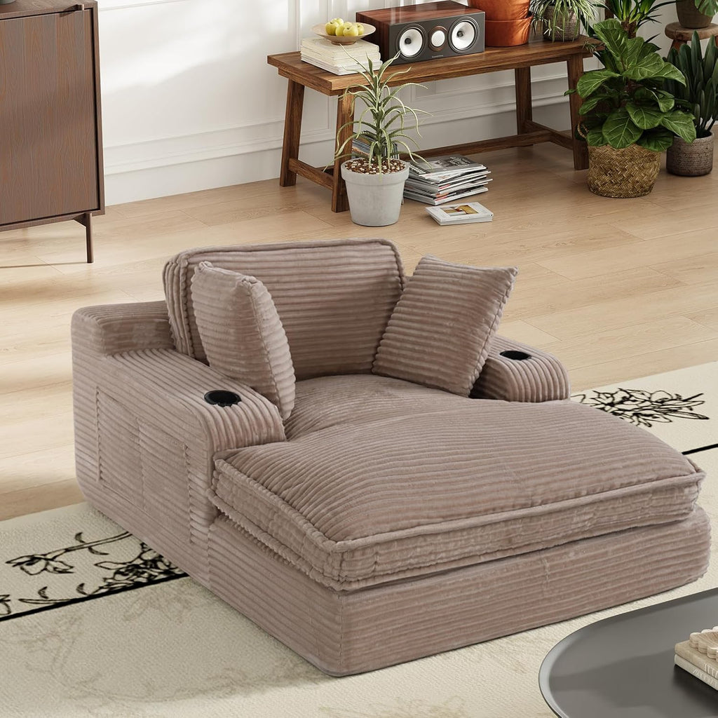 67" Chaise Lounge Chair Indoor, Cozy Oversized Fluffy Sofa with Cup Holders & Throw Pillows, Boneless Sleeper Cloud Couch for Living Room, Movie Room and Apartments, Camel