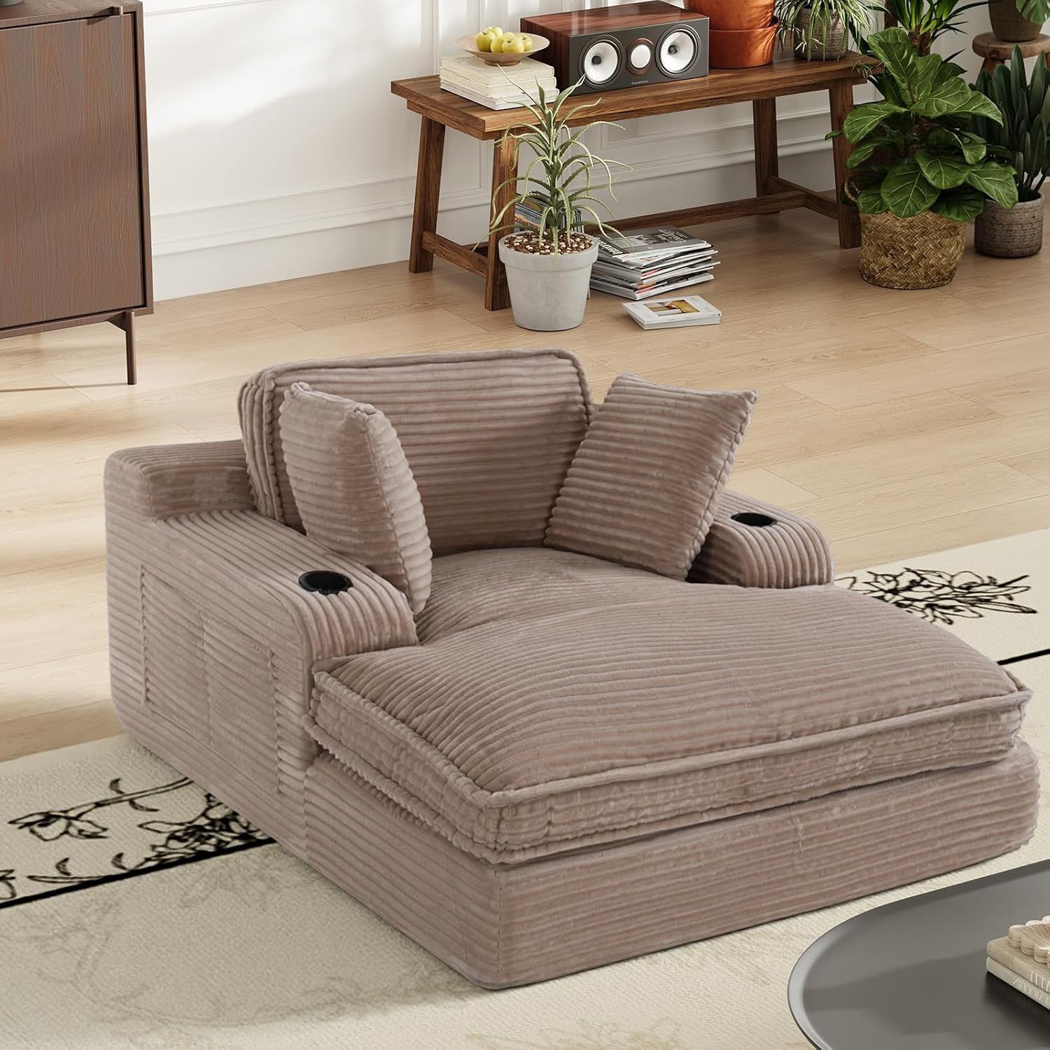 67" Chaise Lounge Chair Indoor, Cozy Oversized Fluffy Sofa with Cup Holders & Throw Pillows, Boneless Sleeper Cloud Couch for Living Room, Movie Room and Apartments, Camel