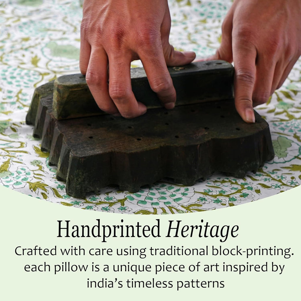 CPC Agate Green 100% Cotton Block Print Ruffle Sham Cover 20X30 inch Pack of 2, Handmade Boho Floral Pillowcase, Soft Decorative Queen Bed Pillow Cover for Bedroom Décor