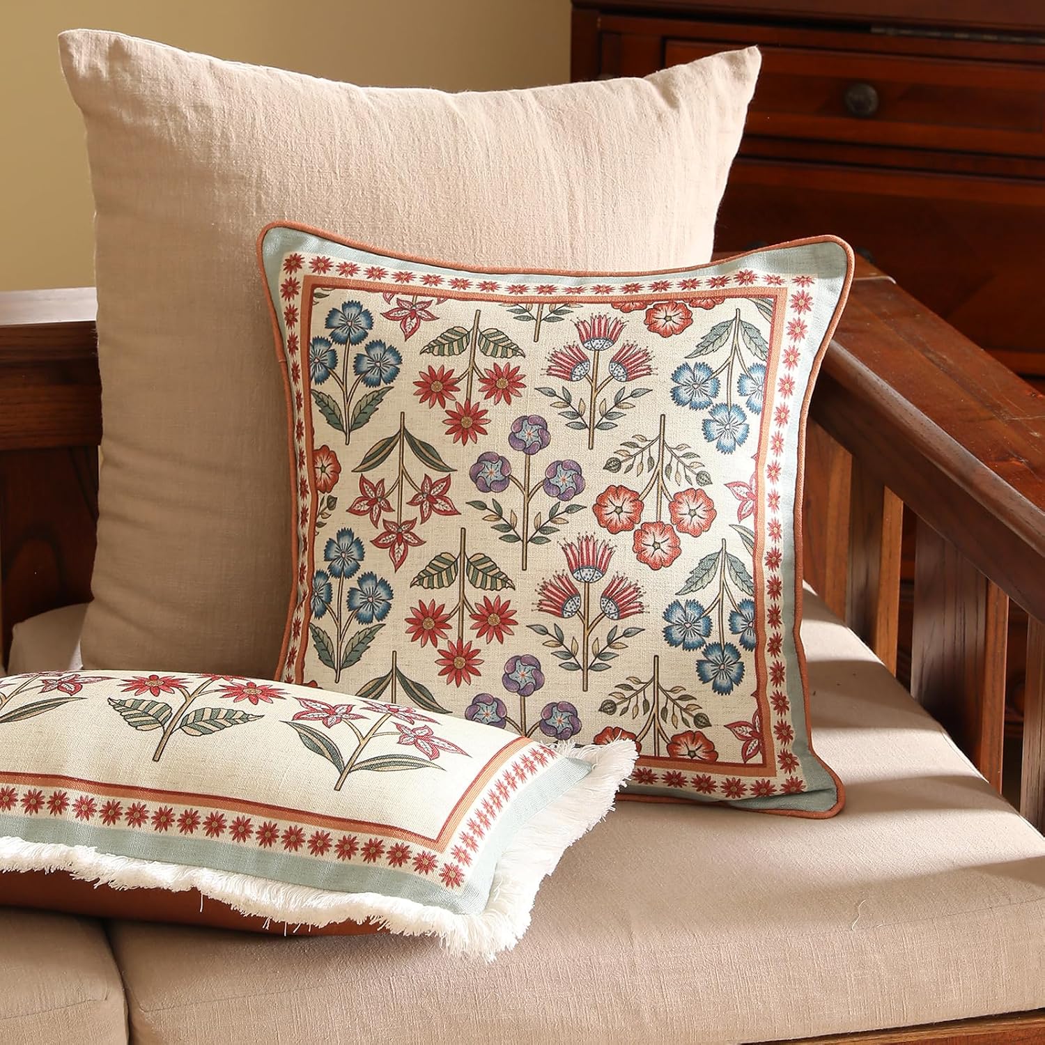 Blue Throw Pillow Covers Set of 2,Cottage Rustic Farmhouse with Wild Flowers Pattern Linen Pillowcases,Decorative Square Pillows Cushion Cover for Couch Sofa Bed Chair Car,18x18 Inches