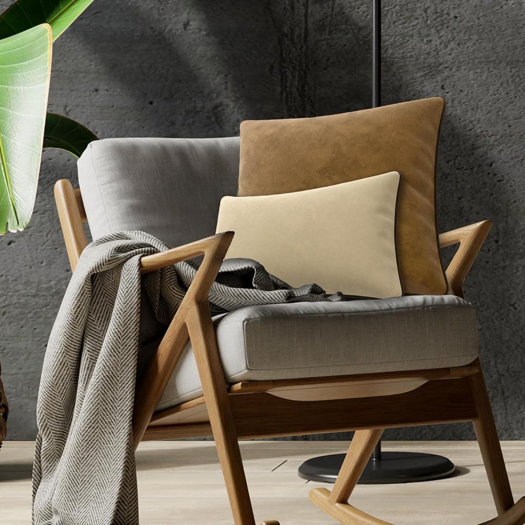 Set of 2 Decorative Throw Pillow Covers Cushion Cases. Soft Velvet. Contrast Pipping Edge. Filling Not Included. (18x18in, Camel/Beige)