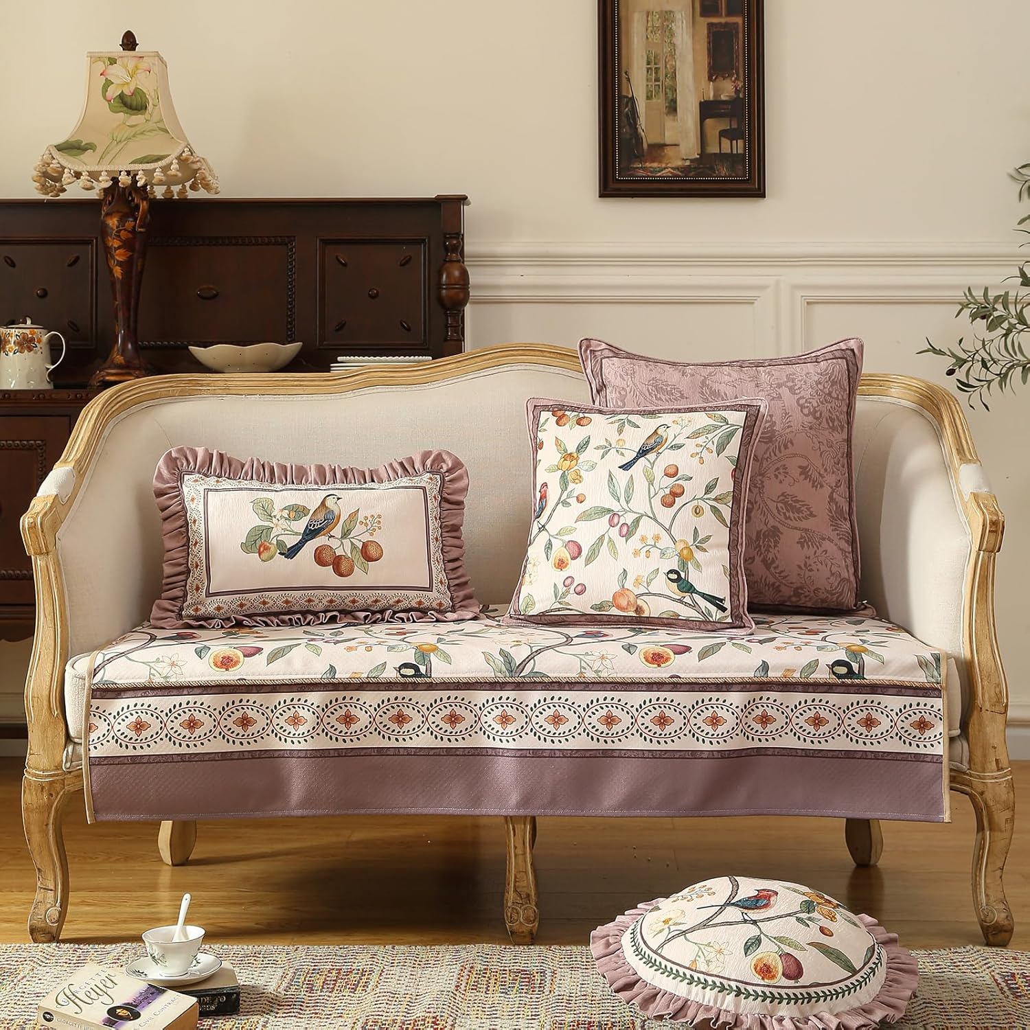 Square Pink Farmhouse Throw Pillow Covers, Birds and Flowers Pattern Cozy Velvet Pillowcases,Decoration Pillows Cushion Covers for Couch Sofa Bed Car Chair,18"x18"