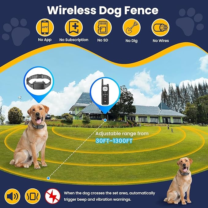 Wireless Dog Fence, Invisib Fence for Dogs Electric Fence 185 Days Standby Training Collar, Flash Light & Waterproof Portable Dog Perimeter Collar with 3 Training Mode for 2 Dogs Large Medium