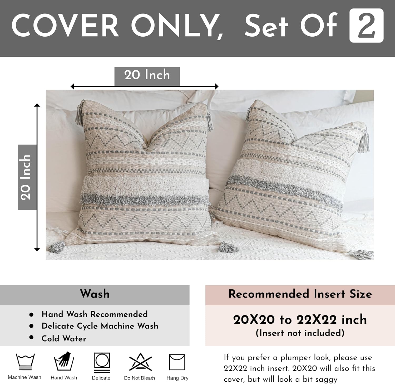 BlissBlush Gray Decorative Throw Pillow Cover 20x20 Combo Set of 2 Square Boho Neutral Grey Accent Pillowcase Tassels Farmhouse Cushion for Couch Sofa Bedroom Living Room Home Décor Cover ONLY