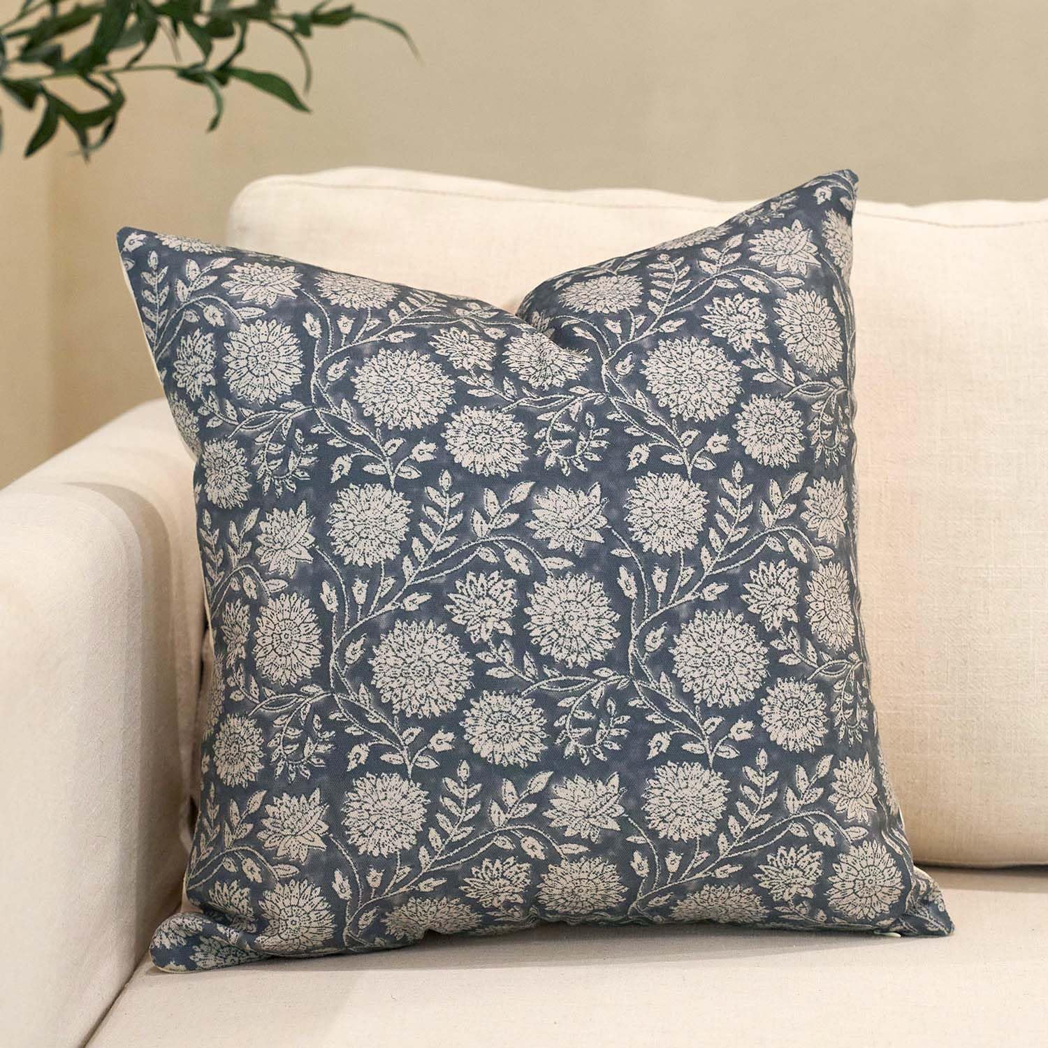 Amor Virisso Floral Pillow Covers 18x18 Throw Pillow Covers Vintage Block Print Pillow Cover Neutral Couch Pillows for Living Room Farmhouse Decorative Accent Sofa Pillows, Dusty Blue