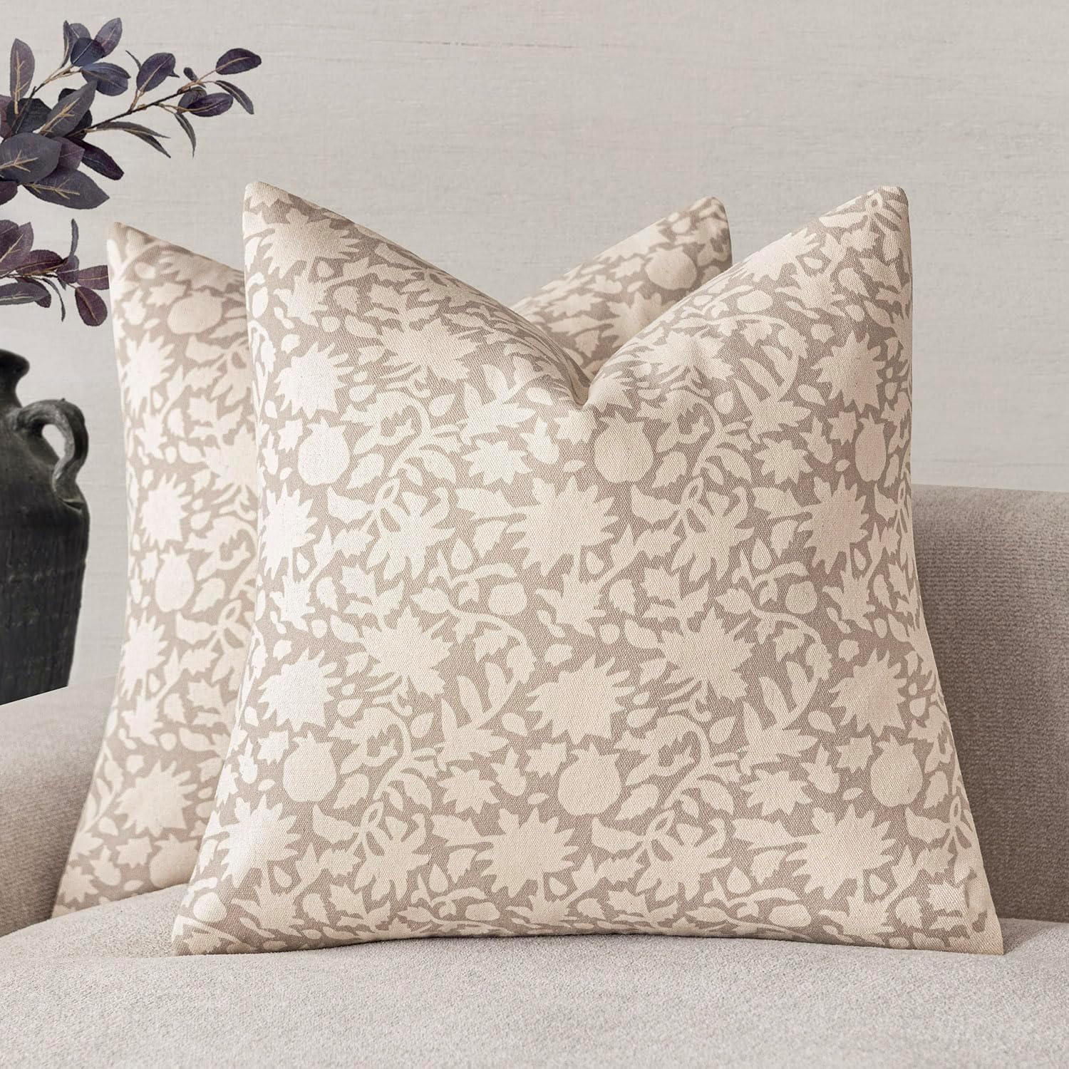 Foindtower Set of 2 Decorative Neutral Floral Throw Pillow Covers Accent Farmhouse Cushion Covers Boho Vintage Pillowcase for Couch Sofa Bedroom Living Room Home Decor,18×18 Inch,Ivory Beige