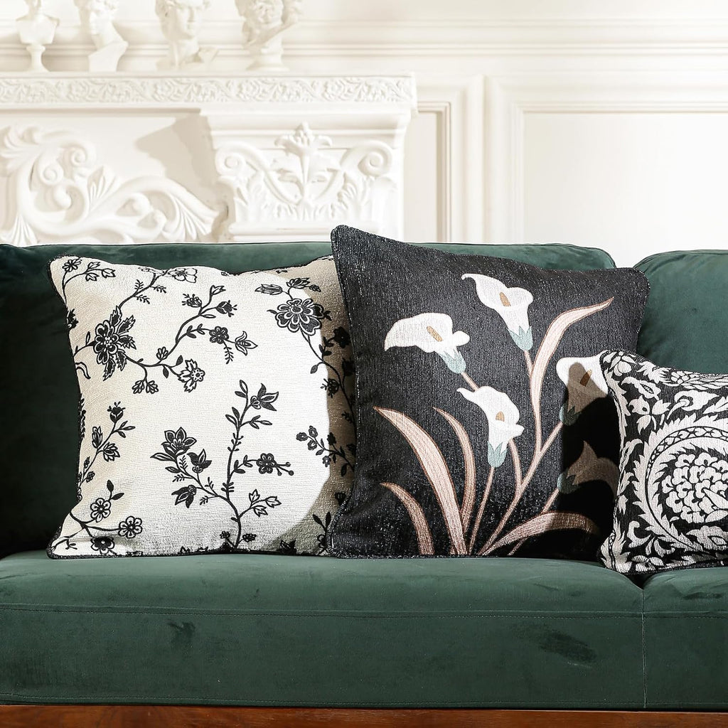 Black Linen Throw Pillow Covers Set of 2,Elegant Floral White Calla Lily Pattern Pillowcases,Decorative Square Pillow Covers Cushion Covers for Couch Bed Sofa Chair 18x18 Inches