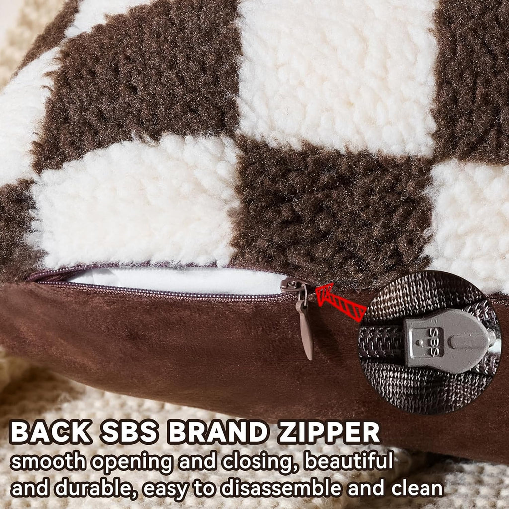 AmHoo Pack of 2 Decorative Throw Pillow Covers Checkerboard Luxury Super Soft Faux Fur Wool Set Case Cushion for Couch Sofa Bedroom 20 x 20-Inch Coffee