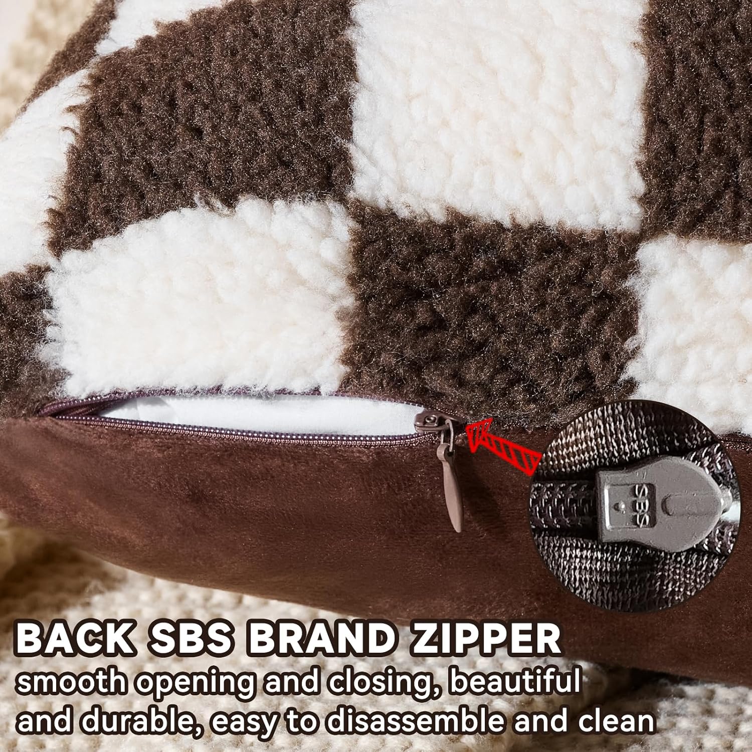 AmHoo Pack of 2 Decorative Throw Pillow Covers Checkerboard Luxury Super Soft Faux Fur Wool Set Case Cushion for Couch Sofa Bedroom 20 x 20-Inch Coffee