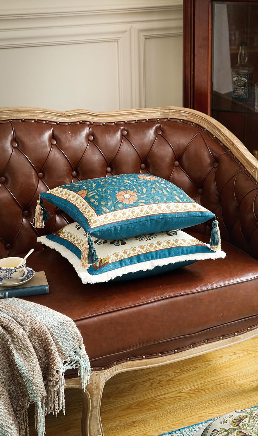 patdrea Designer Square Throw Pillow Covers,French Floral Blue Farmhouse Linen Vine Branch Pattern Pillow Cover,Decorative Pillowcases Cushion for Bed Living Room Outdoor Car,18"x18"