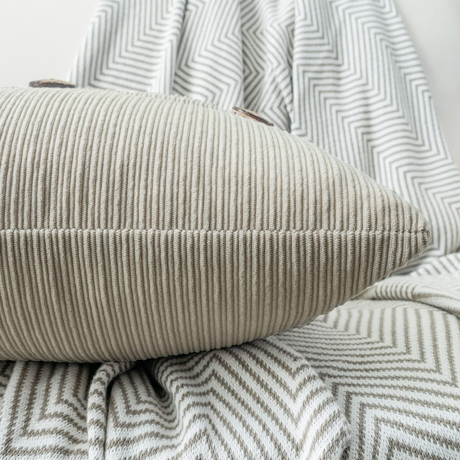 HWY 50 Light Grey Gray Chenille Throw Pillow Covers 12x20 Inch with Triple Buttons, Soft Farmhouse Accent Decorative Cushion Cases for Couch Sofa Living Room Pack of 2 Rectangle