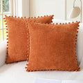 CaliTime Fall Throw Pillow Covers Decorative 22 X 22 Inches Pack of 2 Cozy Solid Dyed Soft Chenille Cushion Cases with Pom Poms for Couch Sofa Bed Living Room Home Burnt Orange