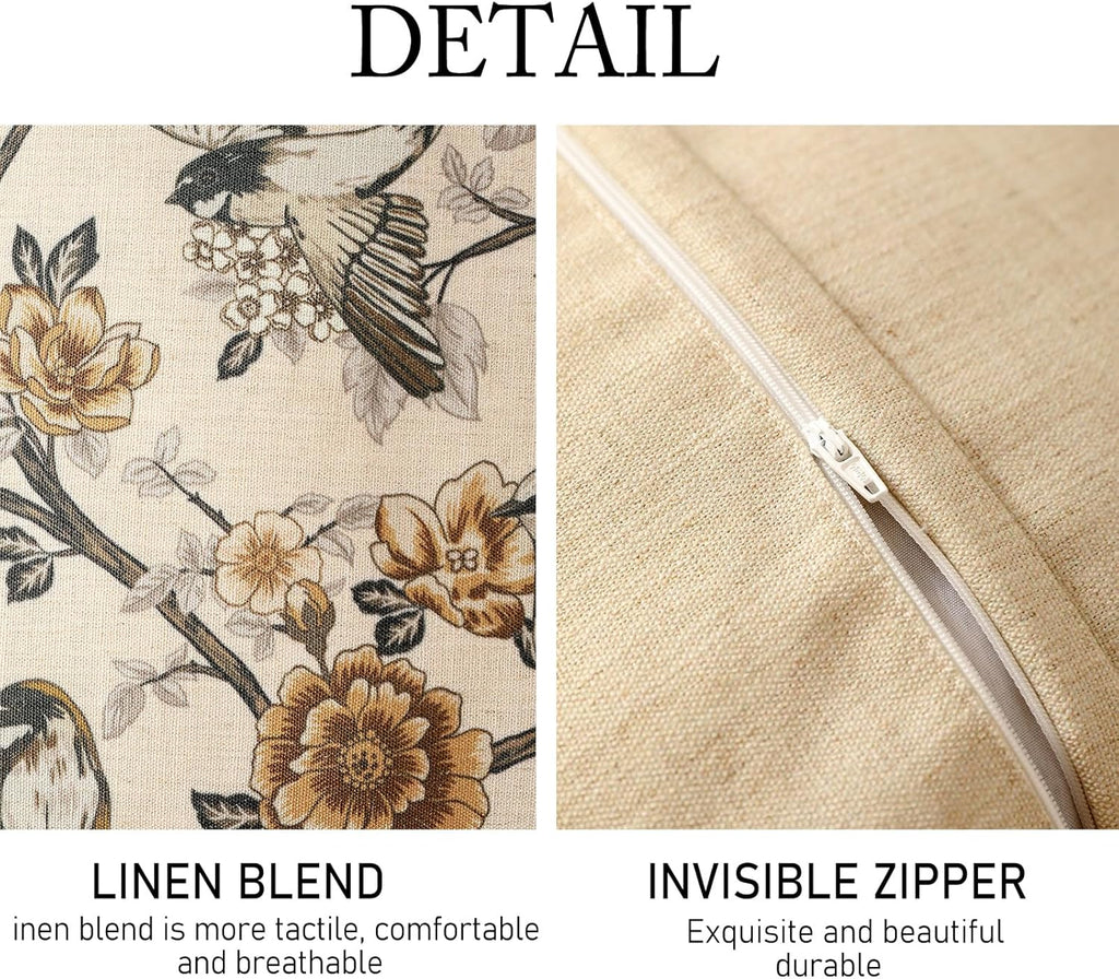 ISAENNE Design Linen Chinoiserie Square Throw Pillow Covers 18"x18", Farmhouse Cushion Covers with Yellow Floral Birds Pattern Decoration Pillowcases for Bed,Living Room,Outdoor,Car