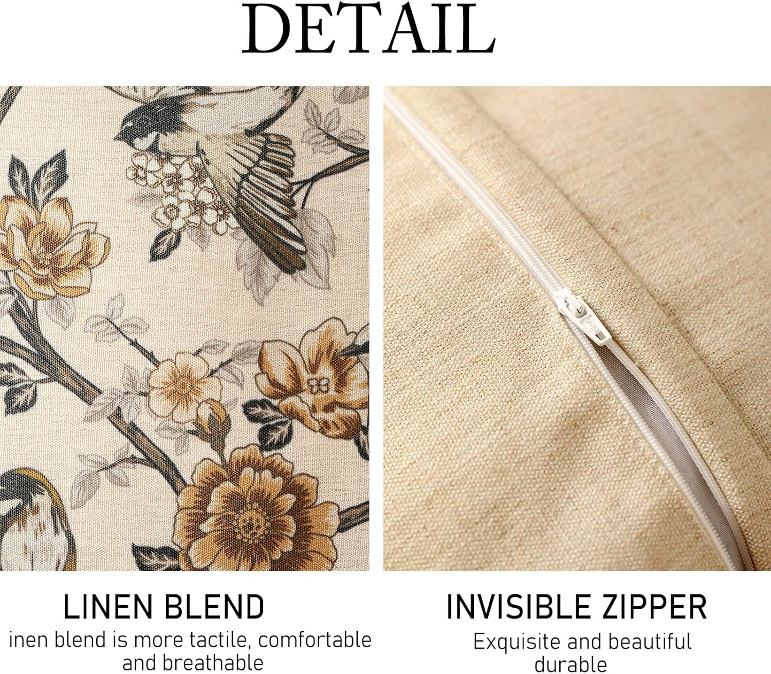 ISAENNE Design Linen Chinoiserie Square Throw Pillow Covers 18"x18", Farmhouse Cushion Covers with Yellow Floral Birds Pattern Decoration Pillowcases for Bed,Living Room,Outdoor,Car