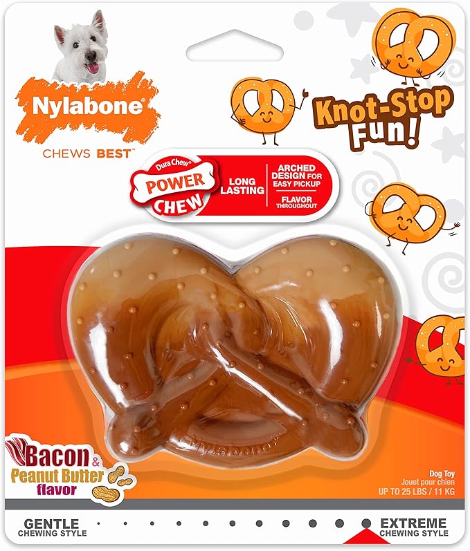 Nylabone Pretzel Power Chew Toy for Dogs, Dog Toys for Aggressive Chewers, Bacon & Peanut Butter Flavor, Small Dogs - Up to 25 Ibs, 1 Count