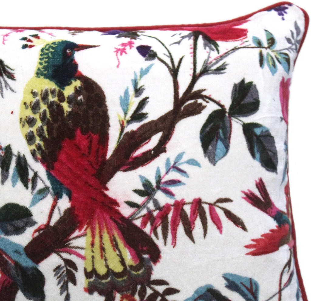 Eyes of India Velvet Floral Flower Bird Throw Pillow Sofa Cushion Cover Case Couch Colorful Boho Chic Bohemian Accent Indian Handmade (White, 20" x 12")