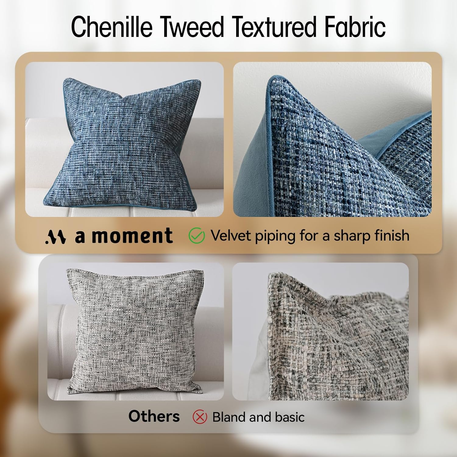 a moment Blue Reversible Pillow Covers 2 Pack - Farmhouse Chenille Throw Pillows, Neutral Textured Decorative Throw Pillow Covers with Border for Couch Sofa Bed (20x20 Inch, No Insert)
