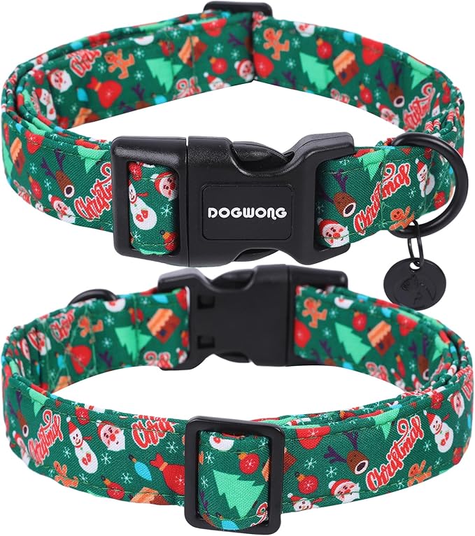 DOGWONG Christmas Cotton Dog Collar, Green Santa Christmas Dog Collar Durable Soft Fabric Pet Dog Collars Cute Puppy Necklace for Small Medium Large Dogs