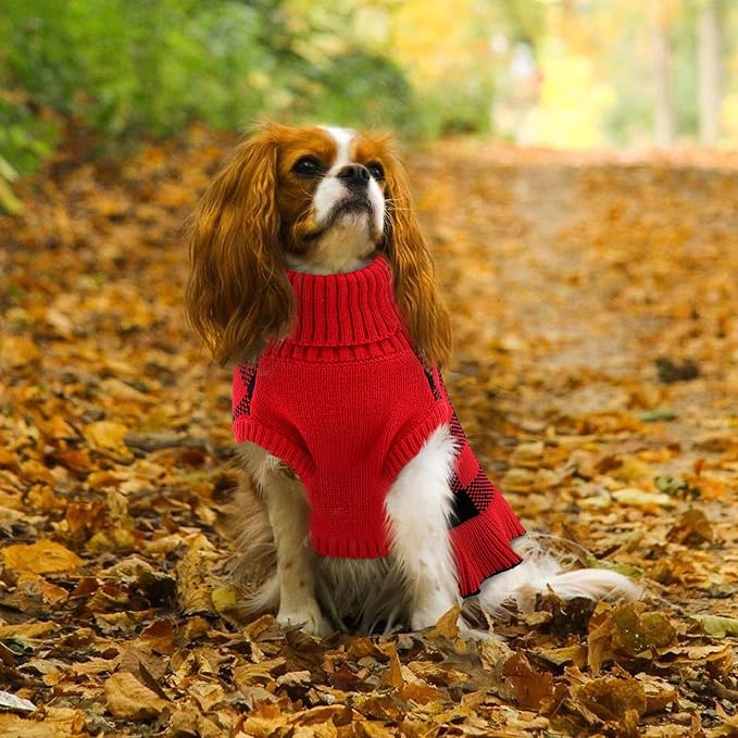 Dog Sweater Dress Plaid Knitwear for Small Medium Dogs Warm Puppy Pet Turtleneck Stretch Pullover Cute Fall Winter Vest Clothes with Leash Hole for Christmas (Red, M)