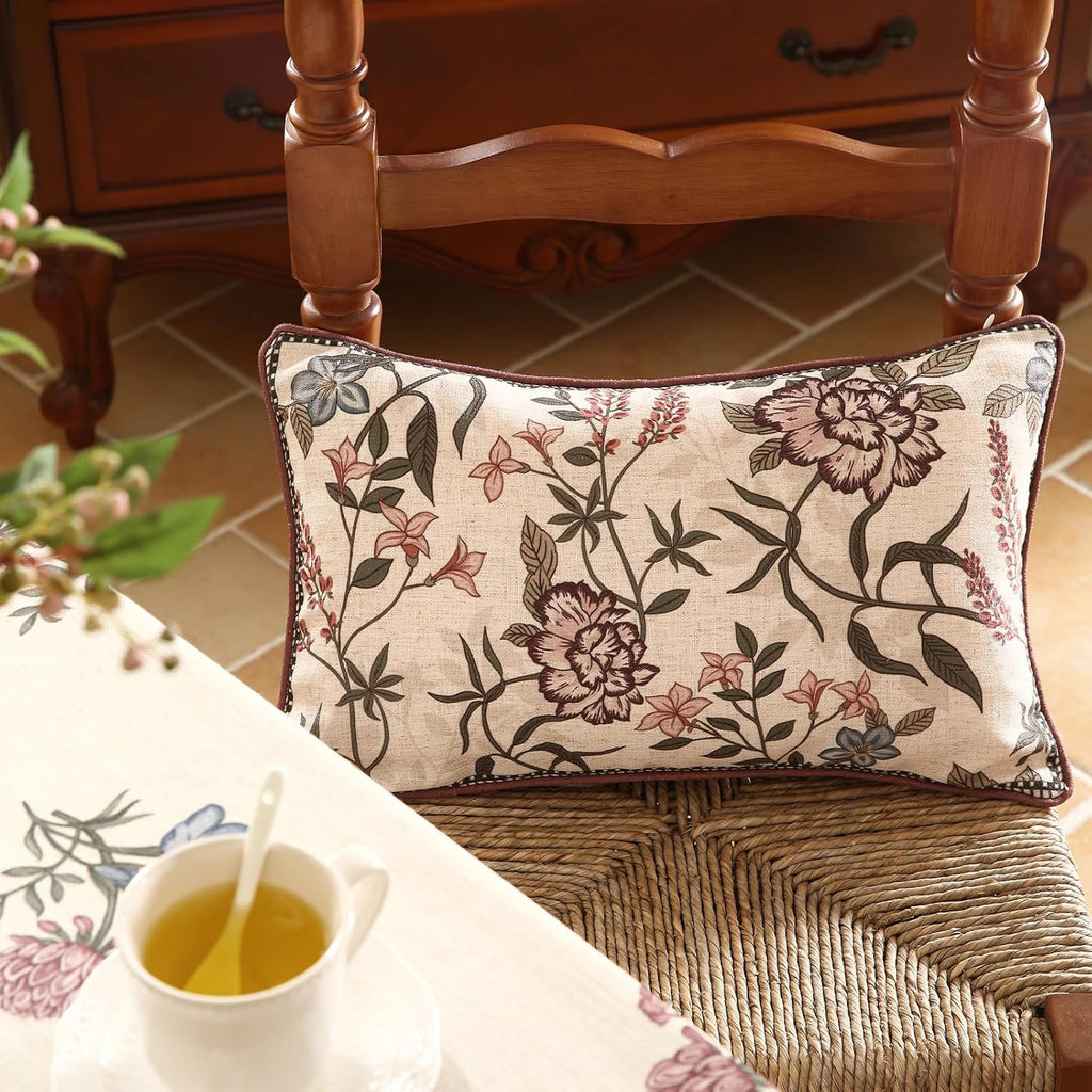 ISAENNE Design Linen Vintage Throw Pillow Covers 12"x20", Rectangle Cushion Covers with Blue Pink Flowers Green Leaves Pattern Decoration Pillowcases for Bed,Living Room,Outdoor,Car