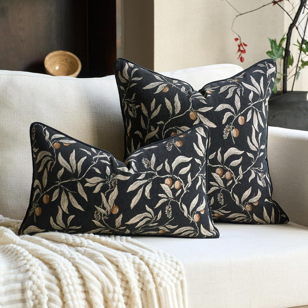 Alerfa Black Floral Throw Pillow Cover 20 x 20 Inch Sqaure Luxury Decorative Pillow Cover for Couch Living Room Bedroom