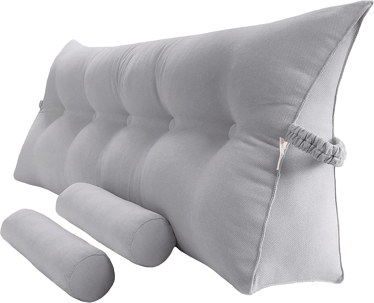 Triangular Reading Bed Rest Pillow Large Bolster Cushion Headboard Backrest Wedge Pillow with Two Detachable Roll Pillows for Neck & Lumbar Support (Chalk Grey, Queen: 59 x 8 x 20 inches)