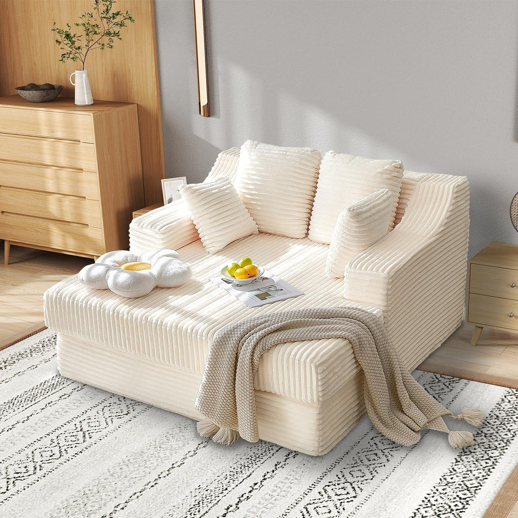 55 Inch Chaise Lounge Indoor - Oversized Chaise Lounge with 4 Throw Pillows and Armrets, Upholstered Plush Sofa Bed, Corduroy Lazy Chair Bed, Sleeper Chair for Living Room or Bedroom, Beige