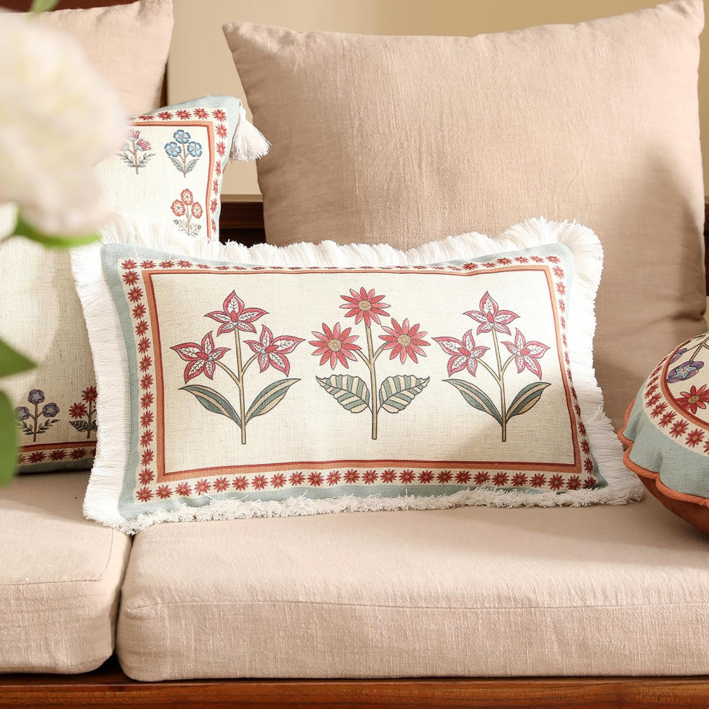 Blue Throw Pillow Covers Set of 2,Cottage Rustic Farmhouse with Wild Flowers Pattern Linen Pillowcases,Decorative Lumbar Pillows Cushion Cover for Couch Sofa Bed Chair Car,12x20 Inches