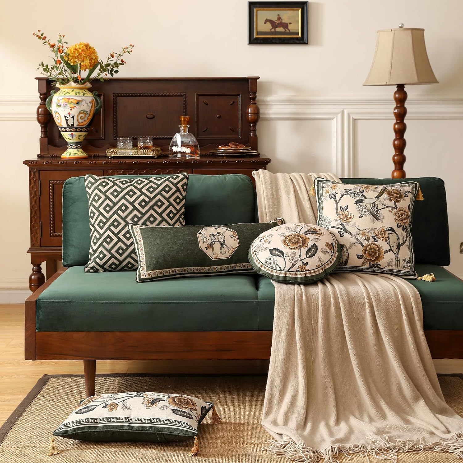 ISAENNE Design Linen Classic Vintage Throw Pillow Covers 18"x18", Minimalist Square Cushion Covers with Green Irregular Plaid Pattern Decor Pillowcases for Bed,Living Room,Outdoor,Car