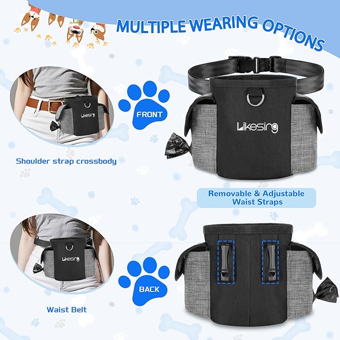 Dog Training Pouch with 2 Cup Silicone Bag, Dog Treat Pouches for Pet Training with Clicker, Adjustable Belt, Poop Bags roll, 2 Ways Wear, for Outdoor Walks, Training, and Travel