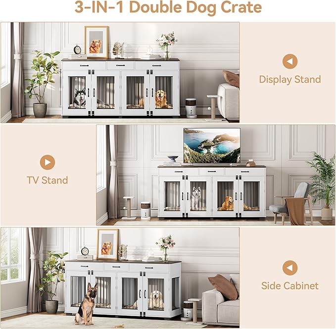 71'' Dog Crate Furniture, Wooden Indoor Dog Kennel for 2 Dogs with 3 Drawers and Removable Room Divider, XXL Double Dog Crate TV Stand End Table with Double Doors for Large Medium Dogs, White