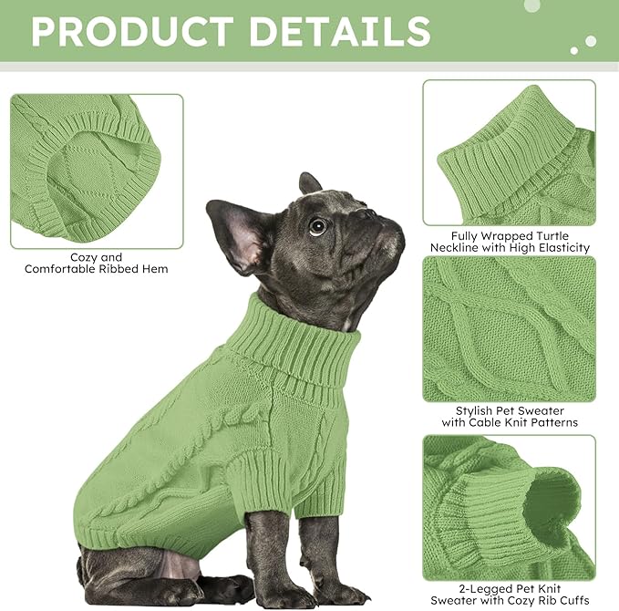 Queenmore Small Dog Pullover Sweater, Cold Weather Cable Knitwear, Classic Turtleneck Thick Warm Clothes for Chihuahua, Bulldog, Dachshund, Pug, Yorkie (Green, X-Small)