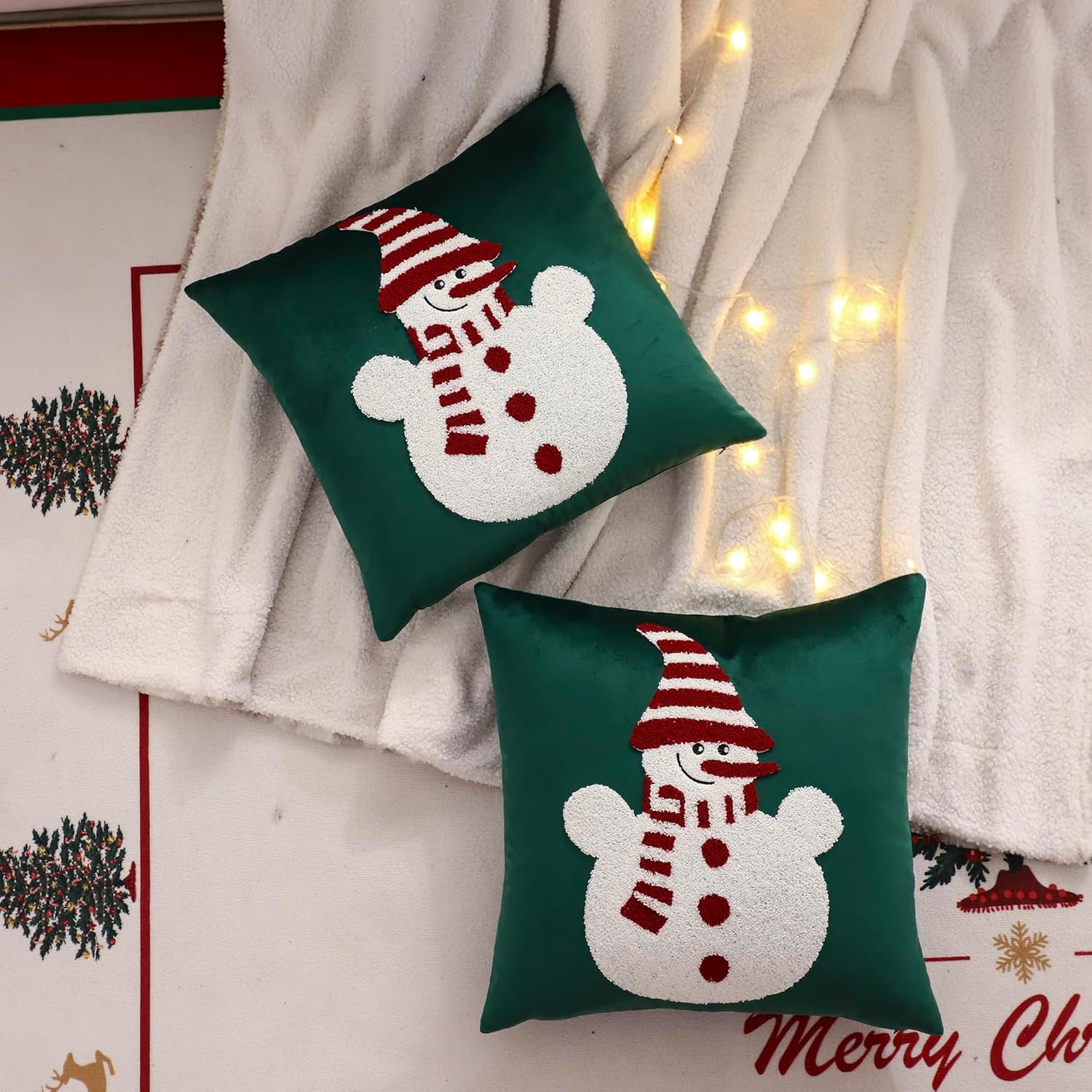 LUOYEHK Christmas Snowman Pillow Covers 18x18 Set of 2 Velvet Green Pillow Cases Winter Holiday Embroidered Cushion Covers for Couch Sofa Bed