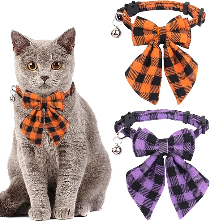 ADOGGYGO Halloween Cat Collars with Removable Bow Bell, 2 Pack Orange Purple Plaid Halloween Bowtie Collar for Cats Kittens