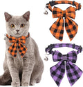 ADOGGYGO Halloween Cat Collars with Removable Bow Bell, 2 Pack Orange Purple Plaid Halloween Bowtie Collar for Cats Kittens