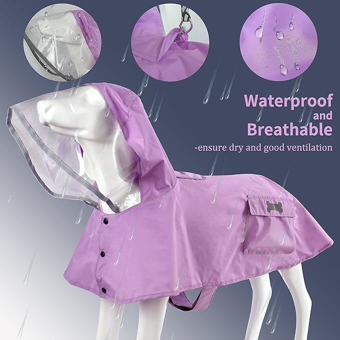 Waterproof Dog Raincoat, Adjustable Reflective Lightweight Pet Rain Clothes with Poncho Hood(Large, Light Purple)