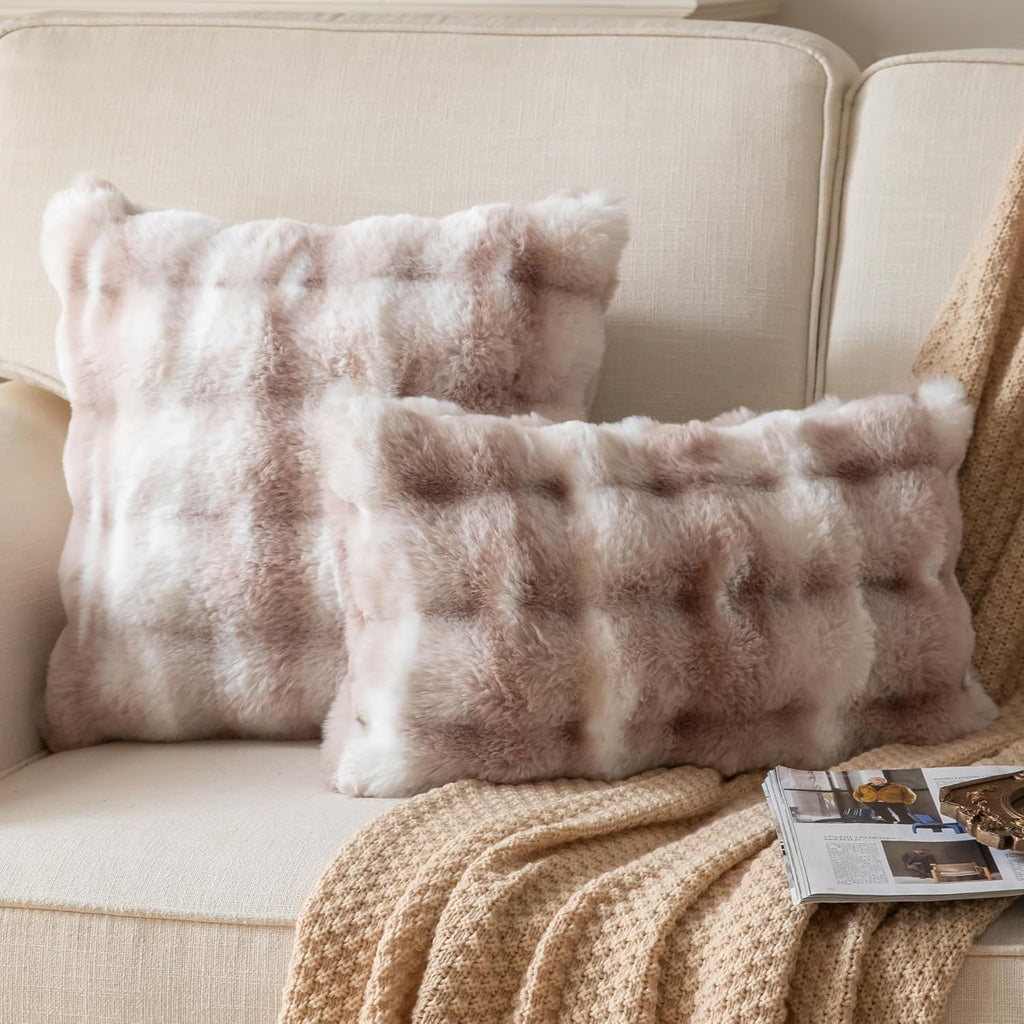 Pack of 2 Thick Plush Throw Pillow Covers Fluffy Wave Faux Fur Decorative Cushion Covers Soft Wool Pillowcase for Sofa Couch Livingroom 12x20 Inch White Taupe