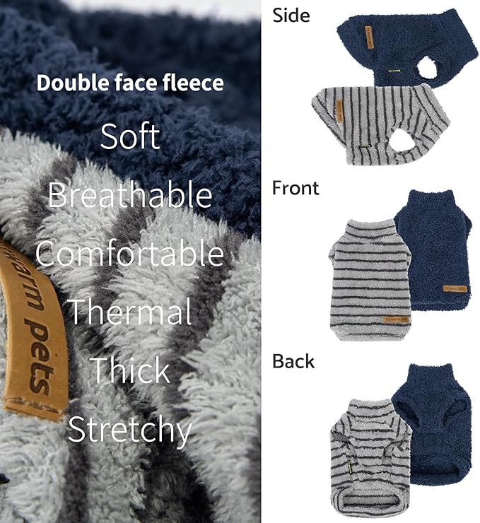 Fitwarm 2 Pack Striped Fleece Dog Sweater, Warm Winter Dog Clothes for Small Dogs Boy Girl, Fuzzy Pet Outfit, Doggy Pullover Jumper, Grey, Navy, Large