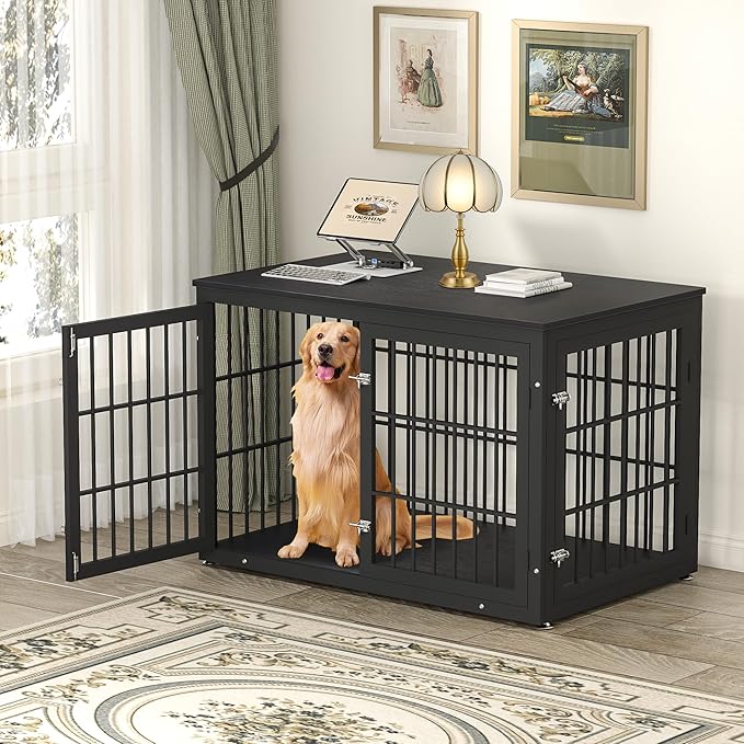 48 Inch Heavy Duty Dog Crate Furniture for Large Dogs, Decorative Pet House End Table, Extra Large Wooden Cage Kennel Furniture Indoor, Black