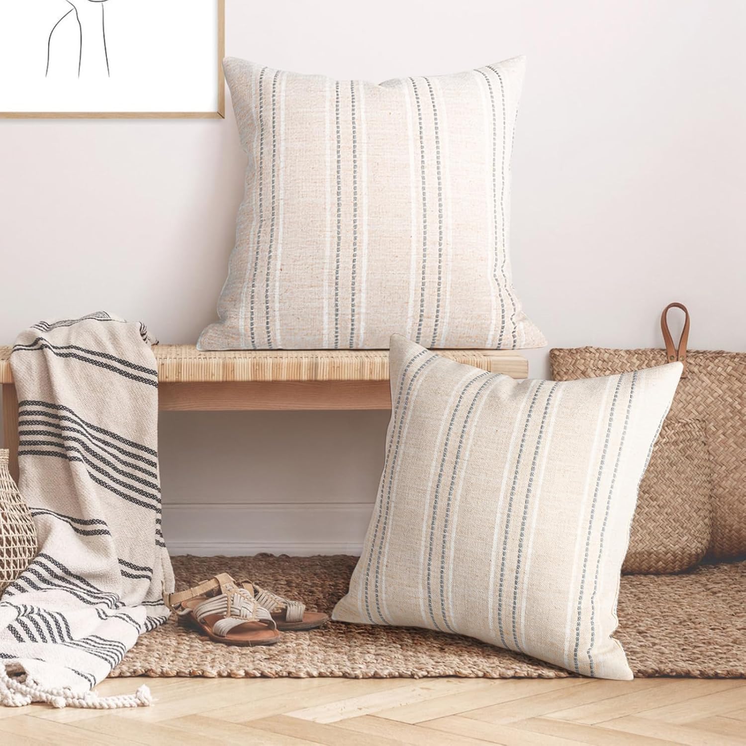 AELS 26x26 Decorative Farmhouse Linen Throw Pillow Covers, Boho Textured Pillow Case, Set of 2, Beige with White & Gray Stitch Yarn Dyed Stripe Cushion Cover for Sofa Couch Living Room (Cover ONLY)