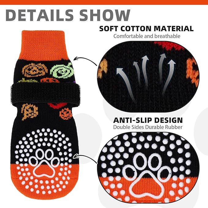 KOOLTAIL Anti Slip Halloween Dog Socks to Prevent Licking Paws, Dog Costume Boots&Paw Protector with Grippers for Hardwood Floors, Traction Control No Twist Booties for Small Medium Large Dogs, SM