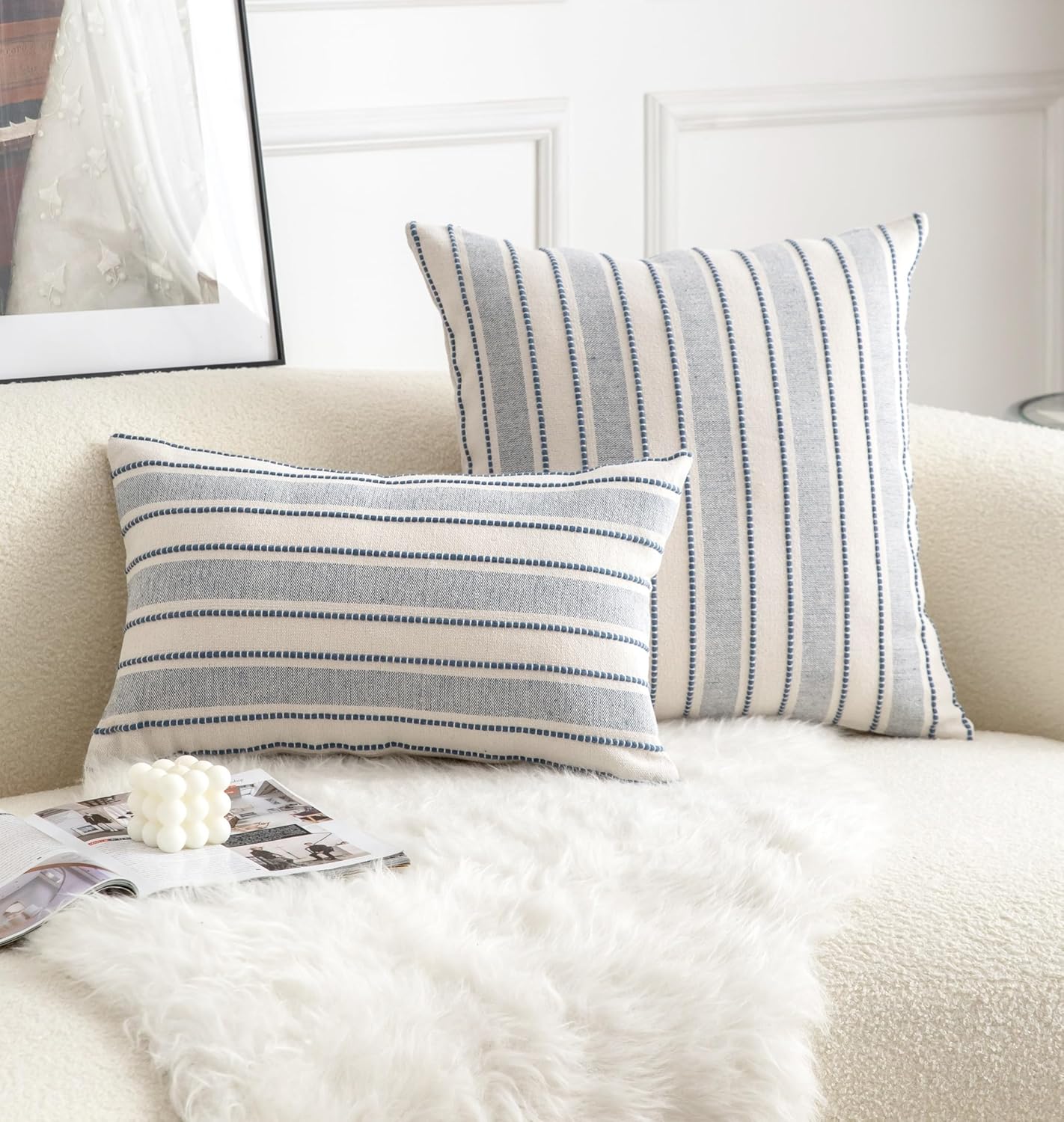 Decorative Boho Lumbar Throw Pillow Covers, Farmhouse Textured Pillow Case, 12 x 20 Inch Set of 2, Chair Sofa Bedroom Living Room Home Decor Couch Cushion Case, Classic Blue and Beige