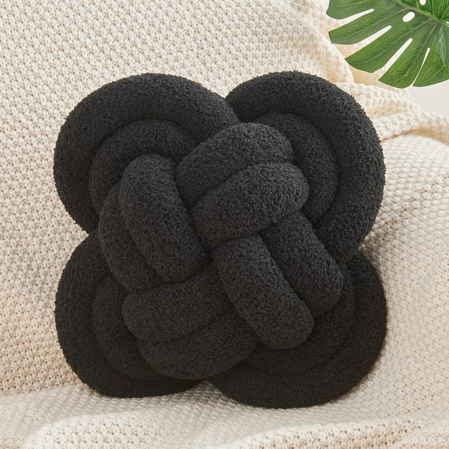 Xiashrk Knot Pillow Ball, 12" Soft Decorative Throw Pillows for Couch Bed, Black Knotted Plush Throw Pillow Handmade Square Cushion Home Couch Decor Pillows for Living Room