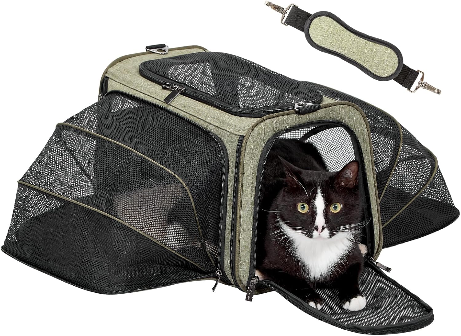 Petsfit Expandable Cat Dog Carrier Airline Approved, 17" L x 11" W x 11" H Soft-Sided Portable Pet Travel Carrier for Kitten, Puppy, Removable Soft Plush Mat and Pockets, Auto-Locking Zippers