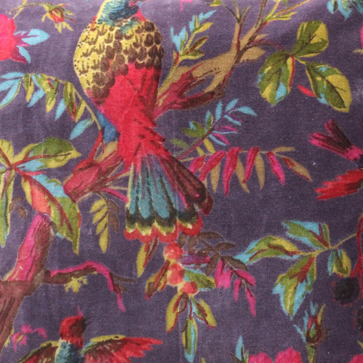 Eyes of India Velvet Floral Flower Bird Throw Pillow Sofa Cushion Cover Case Couch Colorful Boho Chic Bohemian Accent Indian Handmade (Purple, 24" x 24")