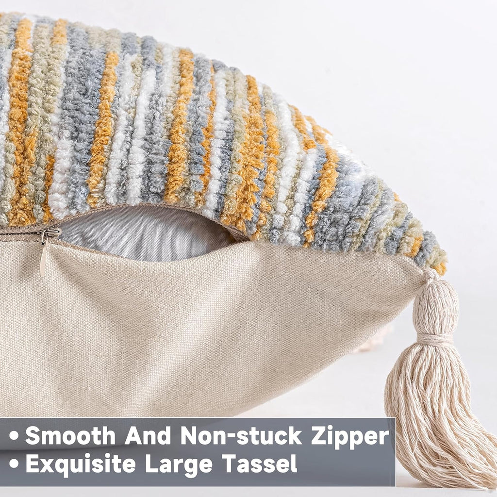 AmHoo Boho Throw Pillow Cover Decorative Bohemian Woven Tufted Striped Farmhouse with Tassels Textured Cushion Case Pillowcase Neutral for Sofa Couch Bed 18 x 18-Inch Light Grey