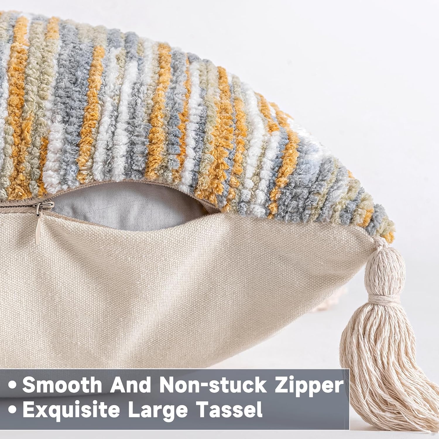 AmHoo Boho Throw Pillow Cover Decorative Bohemian Woven Tufted Striped Farmhouse with Tassels Textured Cushion Case Pillowcase Neutral for Sofa Couch Bed 18 x 18-Inch Light Grey